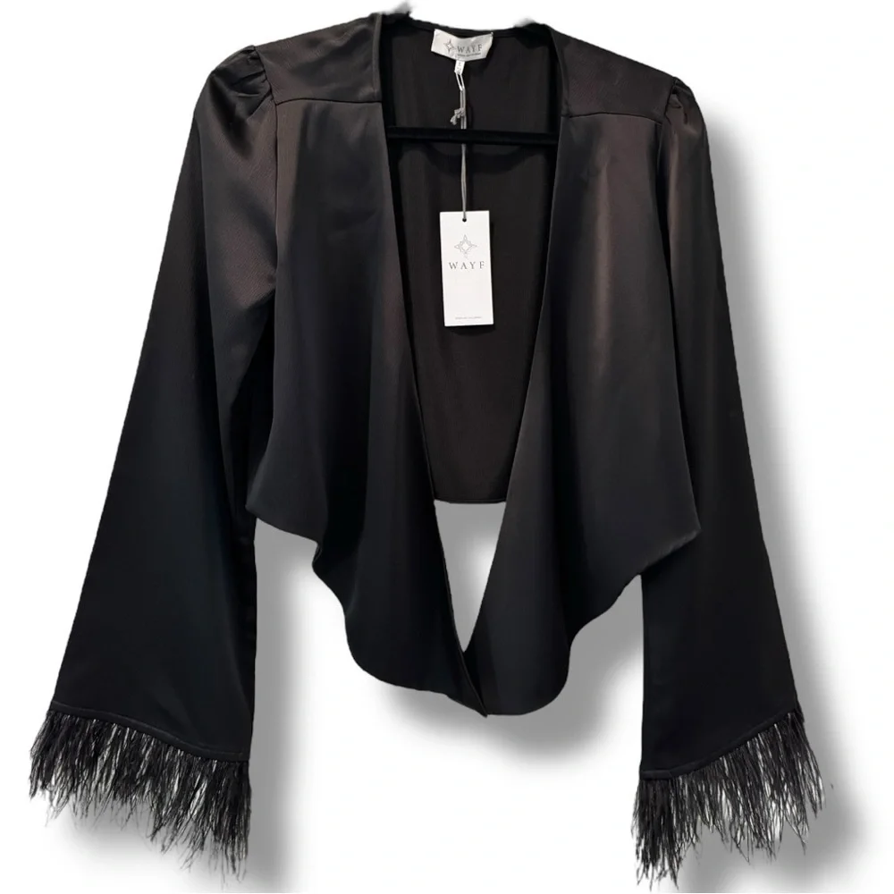 ✨ WAYF Black Satin Feather Cuff Bolero Jacket – Size L (NWT) ✨ - Picture 2 of 7